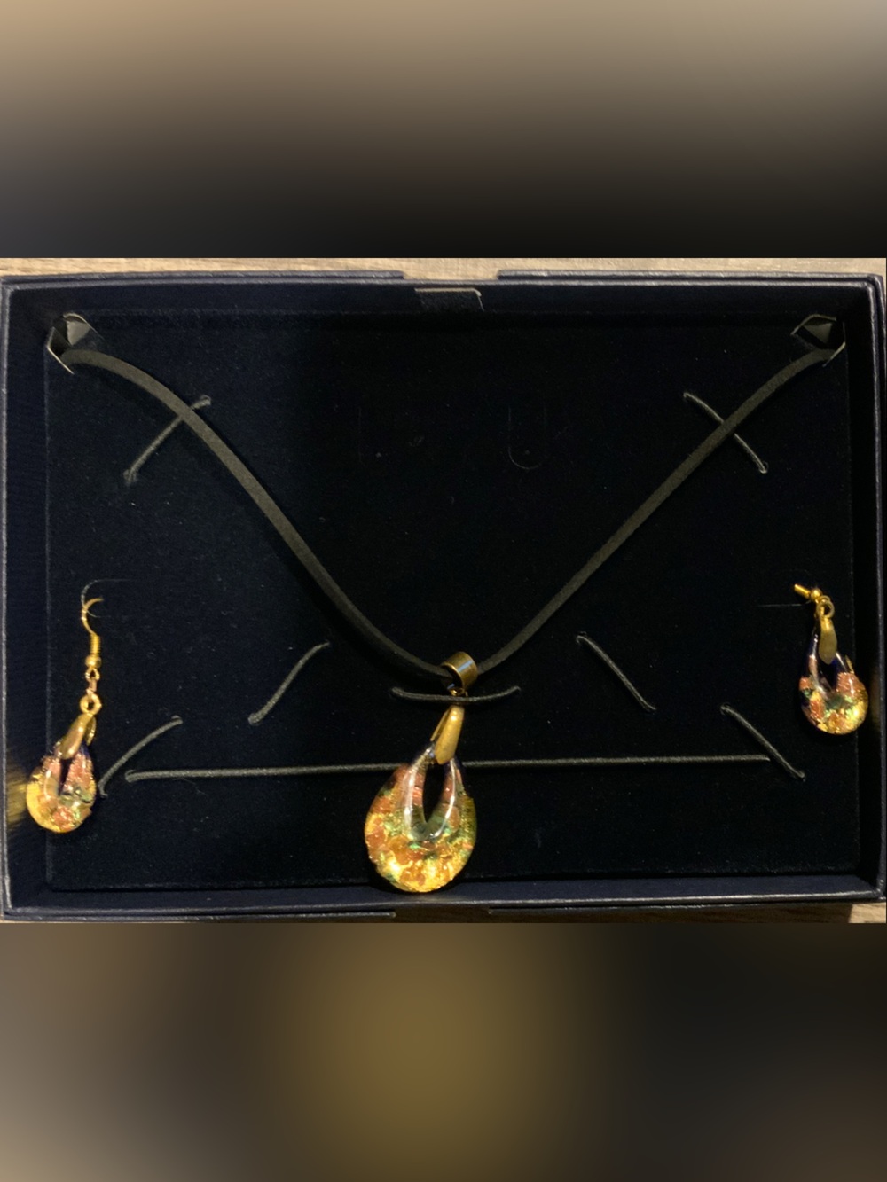NIB STAUER  Gold-Tone Multicolor Murano Glass Pendant Necklace & Earring Set